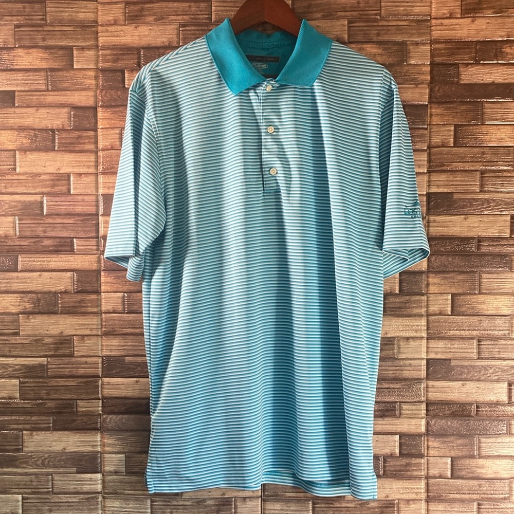 Greg Norman Golf Polo Shirt Turquoise Striped Size XL w/ Lost Key Golf Club